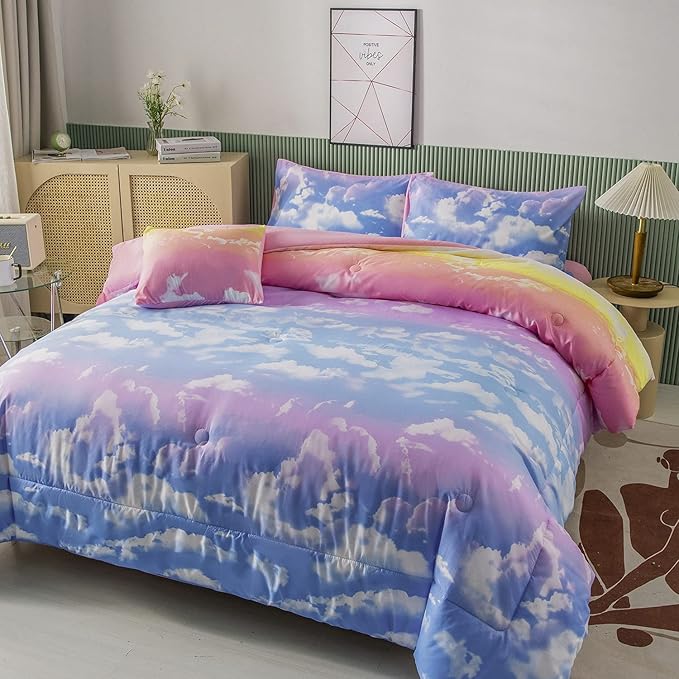 PERFEMET Full Size Bedding Sets for Girls, 6 Pieces Blue Sky and White Cloud Print Comforter Set Bed in A Bag, Rainbow Ombre Bedding Comforter Sets with Sheets (Cloud Pattern, Full) - LeafyLoom