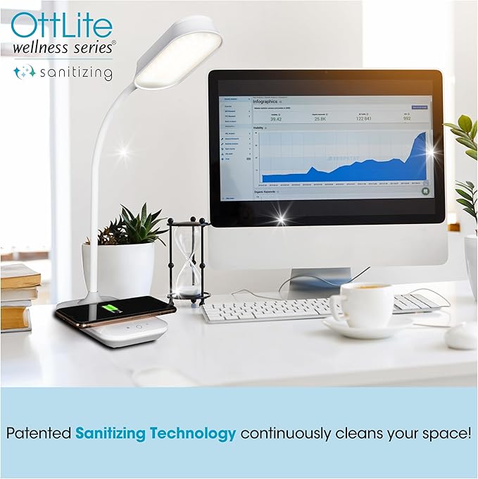 OttLite Achieve LED Sanitizing Desk Lamp Wireless Charging and USB Charging - Touch Activated, Flexible Neck, Modern Light for Reading, Crafting & Office Desktop - LeafyLoom