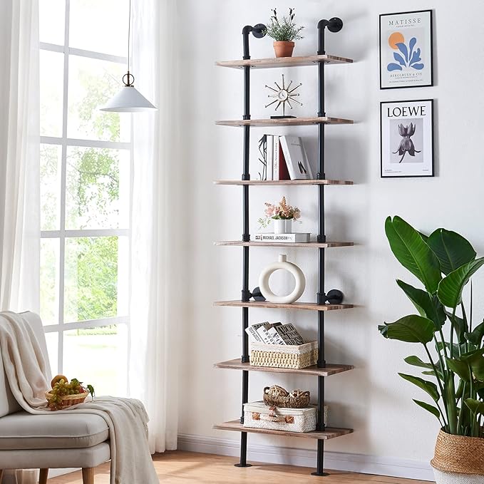 HOMBAZAAR Industrial Bookshelf, 7-Tier Industrial Pipe Bookshelf, Wall Mounted Ladder Shelves with Metal Frame for Home Office, Living Room, Oak Brown - LeafyLoom