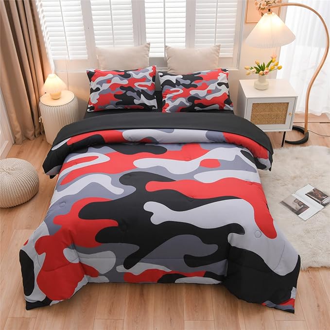 Meeting Story Camouflage Bedding Set, Colorful Pattern Style Comforter Set, 5 PCS One Comforter Two Pillowcases Two Sheets in One Bag, All Season Bedspread for Kids Teens Adults (Black, Twin 5Pcs) - LeafyLoom