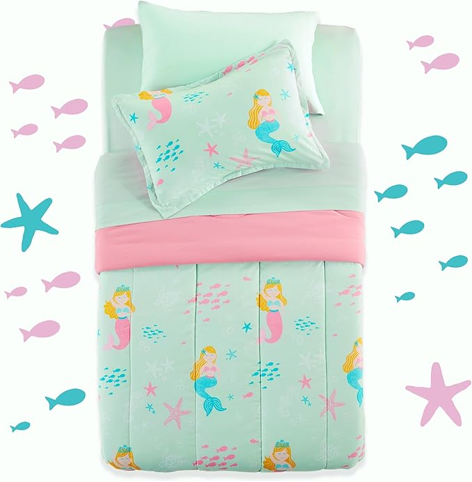 SLEEP ZONE Kids Bedding Comforter Set Full/Queen Size - Super Cute & Soft Kids Bedding 7 Pieces Set with Comforter, Sheet, Pillowcase & Sham (Mermaid Princess) - LeafyLoom