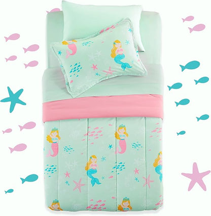 SLEEP ZONE Kids Bedding Comforter Set Full/Queen Size - Super Cute & Soft Kids Bedding 7 Pieces Set with Comforter, Sheet, Pillowcase & Sham (Mermaid Princess) - LeafyLoom