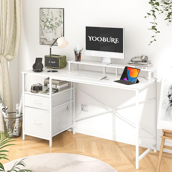 Yoobure Computer Desk, Office Desk with LED Lights & Power Outlets, Gaming Desk with Fabric File Cabinet, 55.1" Home Office Desks， Writing Desk with Drawers, Computer Table with Long Monitor Stand - LeafyLoom