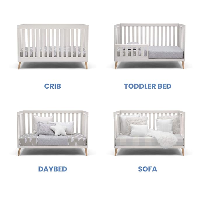 Delta Children Essex 4-in-1 Convertible Baby Crib, Bianca White with Natural Legs + Delta Children Twinkle Galaxy Dual Sided Recycled Fiber Core Crib and Toddler Mattress (Bundle) - LeafyLoom