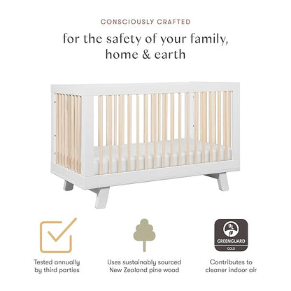 Babyletto Hudson 3-in-1 Convertible Crib with Toddler Bed Conversion Kit in White and Washed Natural, Greenguard Gold Certified - LeafyLoom