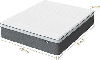 14 Inch King Size Mattress, Cooling-Gel Memory Foam and Pocket Spring Hybrid Mattress, King Mattress in a Box, CertiPUR-US Certified, Medium Firm - LeafyLoom