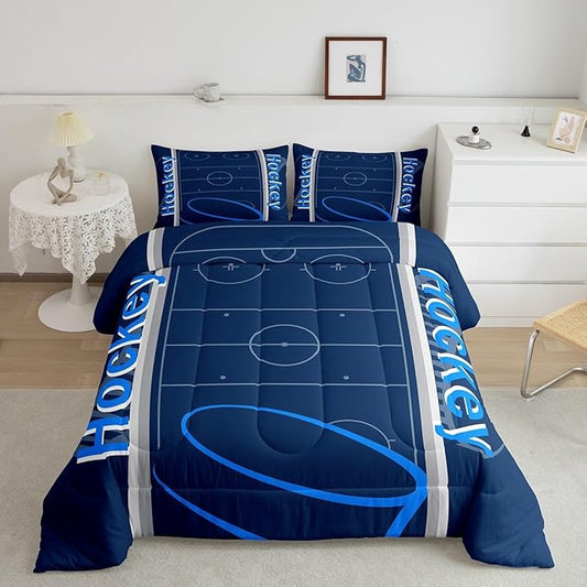 Feelyou Kids Hockey Player Comforter Set Twin Size Ice Hockey Bedding Set for Boys Girls Teens Bedroom Decor Ice Sports Games Comforter Puck Hockey Duvet Set with 1 Pillow Case - LeafyLoom