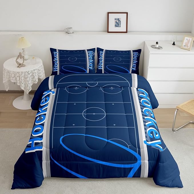 Feelyou Kids Hockey Player Comforter Set King Size Ice Hockey Bedding Set for Boys Girls Teens Bedroom Decor Ice Sports Games Comforter Puck Hockey Duvet Set with 2 Pillow Case - LeafyLoom