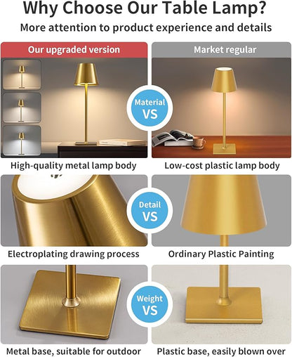 KDG 2 Pack Cordless Table Lamp,Portable LED Desk Lamp, 5000mAh Battery Operated, 3 Color Stepless Dimming Up, for Restaurant/Bedroom/Bars/Outdoor Party/Camping/Coffee Shop Night Light(Gold) - LeafyLoom