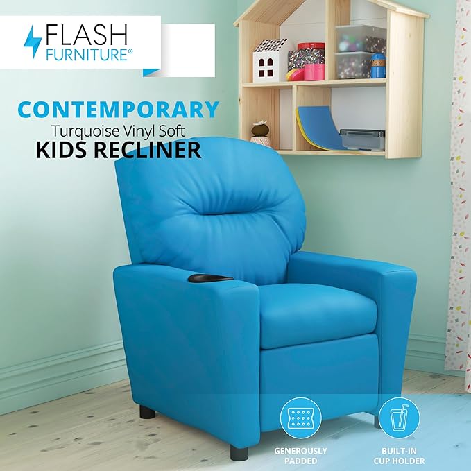 Flash Furniture Chandler Vinyl Kids Recliner with Cup Holder and Safety Recline, Contemporary Reclining Chair for Kids, Supports up to 90 lbs., Turquoise - LeafyLoom