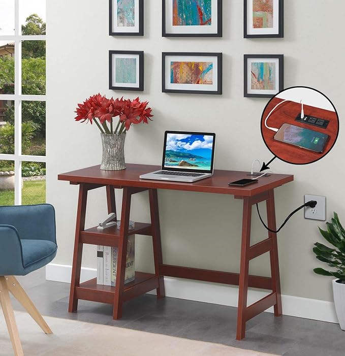 Convenience Concepts Designs2Go Trestle Desk with Charging Station and Shelves, Cherry - LeafyLoom