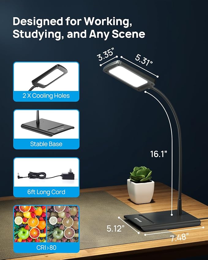 TROND Desk Lamp, Bright Dimmable Eye-Caring Table Lamp, 3 Color Modes 7 Brightness Levels, Flexible Gooseneck, Touch Control, Memory Function, Desk Light for Home Office Dorm Room Essentials - LeafyLoom