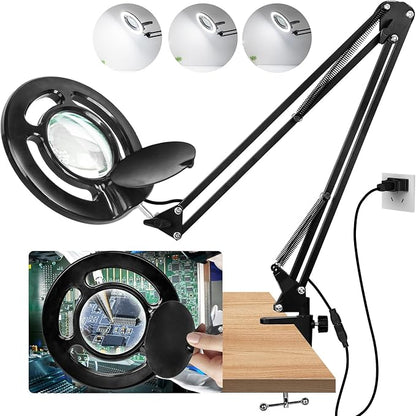 HITTI 10X Long Magnifying Glass with Light and Stand, 2200 Lumens Dimmable Bright LED Lighted Magnifier, Ajustable Swing Arm Magnifying Desk Lamp with Clamp, Hands Free for Hobby Repair Workbench - LeafyLoom