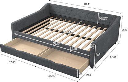 Full Size Daybed with 2 Drawers, Upholstered Tufted Sofa Bed with Button on Back and Piping on Waved Shape Arms for Bedroom, Apartment, Living Room, Wooden Slats Support, Dark Grey - LeafyLoom