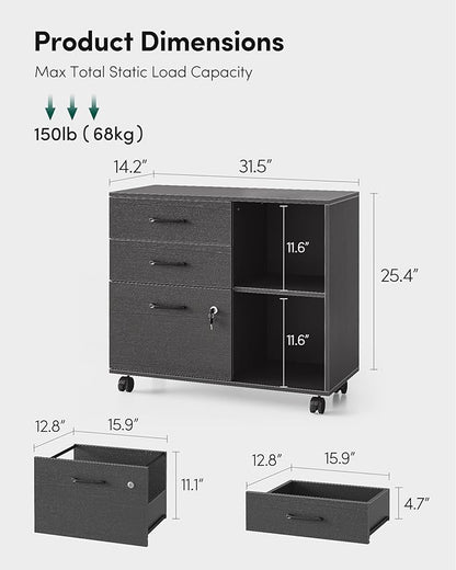 FEZIBO 3-Drawer Mobile File Cabinet, Lateral Filing Cabinet with Lock, Printer Stand with Open Storage Shelves for Home Office, Filing Cabinets for Home Office, Black - LeafyLoom