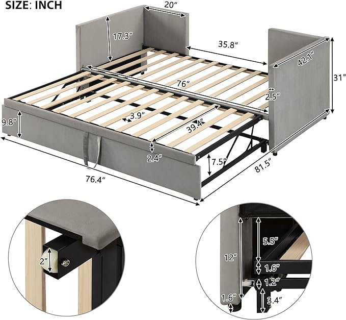 Bellemave Twin Size Upholstered Daybed with Pop up Trundle,Velvet Twin Daybed Frame,Twin to King Daybed,Day bed with Trundle Bed Twin,Tufted Sofa Bed Daybed,Bedroom,Living Room,Guest Room(Gray) - LeafyLoom