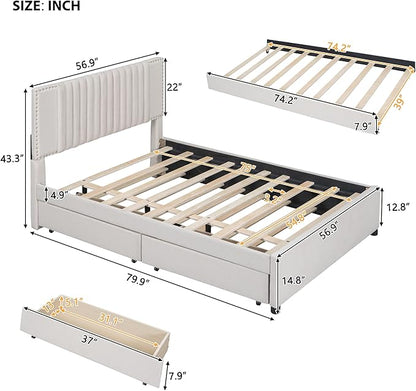 Full Size Linen Upholstered Platform Bed with 2 Drawers and Twin Size Trundle,Solid Wood Bed Frame w/Classic Headboard Design,for Bedroom,Apartment,Living Room,Beige - LeafyLoom