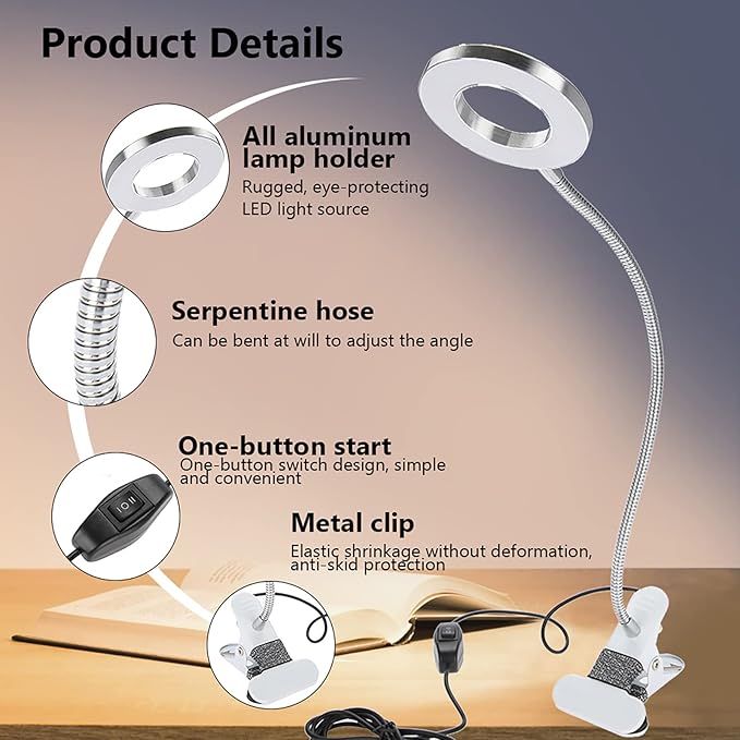 Tattoo Lamp USB LED Ring Lamp, Beauty Table Lamp with Clamp Adjustable Brightness, Clip On Light Desk Lamp Ring Light for Makeup Tattoo Eyebrow Nail Art Reading Study, Portable Beauty Lamp - LeafyLoom