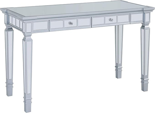 SEI Furniture Glenview Glam Mirrored Writing Desk w/ Drawers, Matte Silver - LeafyLoom