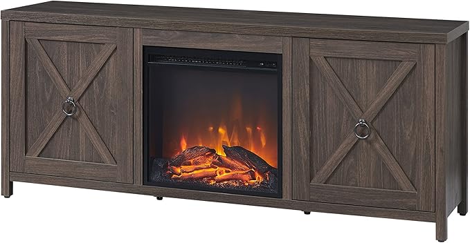 Henn&Hart Rectangular TV Stand with Log Fireplace for TV's up to 65" in Alder Brown, Electric Fireplace TV Stands for the Living Room - LeafyLoom