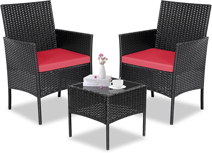 Patio Furniture Set 3 Pieces All-Weather Rattan Outdoor Furniture Patio Chairs with Tempered Glass Table for Porch Bistro Balcony Bistro Set(Black/Red) - LeafyLoom