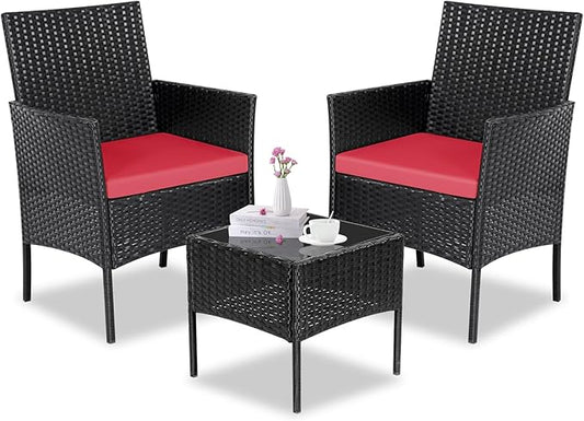 Patio Furniture Set 3 Pieces All-Weather Rattan Outdoor Furniture Patio Chairs with Tempered Glass Table for Porch Bistro Balcony Bistro Set(Black/Red) - LeafyLoom