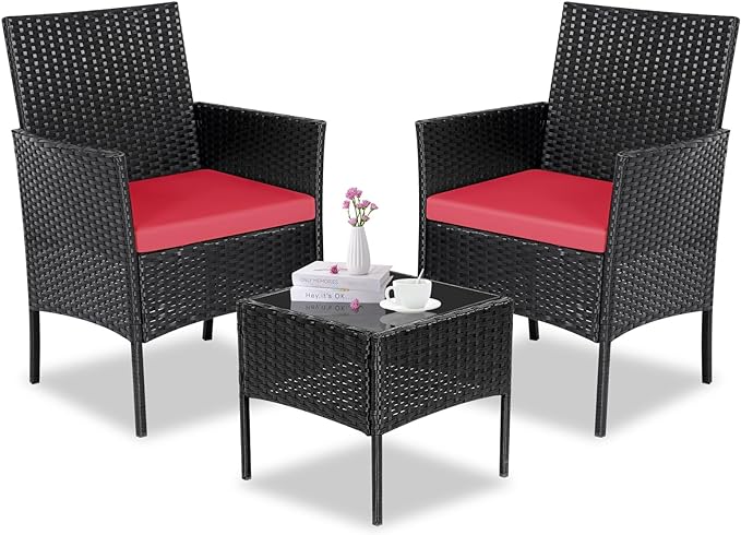 Patio Furniture Set 3 Pieces All-Weather Rattan Outdoor Furniture Patio Chairs with Tempered Glass Table for Porch Bistro Balcony Bistro Set(Black/Red) - LeafyLoom