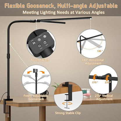 LED Desk Lamp for Home Office- 24W Double Head Desk Light with clamp, 5 Lighting Modes, 11 Brightness Levels, Adjustable Gooseneck Lamp with Timer- Black - LeafyLoom