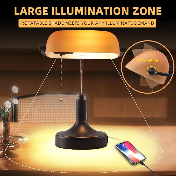 Vintage Bankers Desk Lamp with Pull Chain Switch, Traditional Desk Lamp with USB A and Type C Charging Port, Oil Rubbed Bronze Table Lamp with Amber Glass Shade for Office, Library, Study Room - LeafyLoom