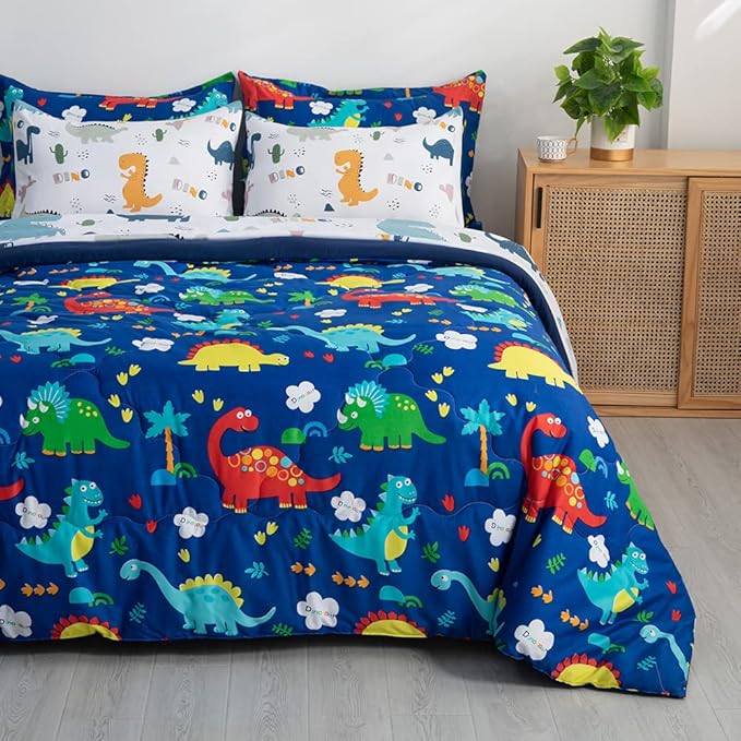 Wajade 7 Piece Kid Boys Dinosaur Comforter Set Queen Size 3D Blue Dinosaur Wild Park Jungle Print Bedding Set with Comforter, Sheet Set, Pillowcase and Sham - LeafyLoom