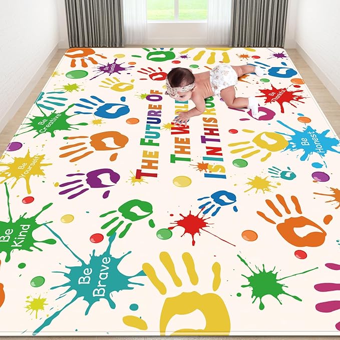 Colorful Kids Rug, Washable Rug for Kids, Handprints Area Rugs for Kids Bedroom, Non-Slip Play Mat Ultra Soft Thick Indoor Plush Rugs for Playroom Classroom Nursery Decor (9'2" X 6'7") - LeafyLoom