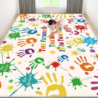 Colorful Kids Rug, Washable Rug for Kids, Handprints Area Rugs for Kids Bedroom, Non-Slip Play Mat Ultra Soft Thick Indoor Plush Rugs for Playroom Classroom Nursery Decor (9'2" X 6'7") - LeafyLoom