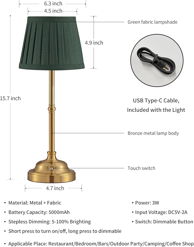 KDG Cordless LED Table Lamp Set of 2, Portables Fabric Shade Desk Lamps, 5000mAh Rechargeable Battery Powered Lighting, Dimmable Light for Dining Room, Bedroom, Bedside, Night Light, Balcony (Green) - LeafyLoom