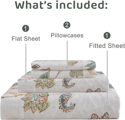 QSH Floral Bed Sheets King Size - 100% Egyptian Cotton Floral Bedding Sheets Botanical Leaves Flower Pattern Printed Bedding King Size Bed Sheets 17.5" Extra Deep Pocket 4pcs - LeafyLoom