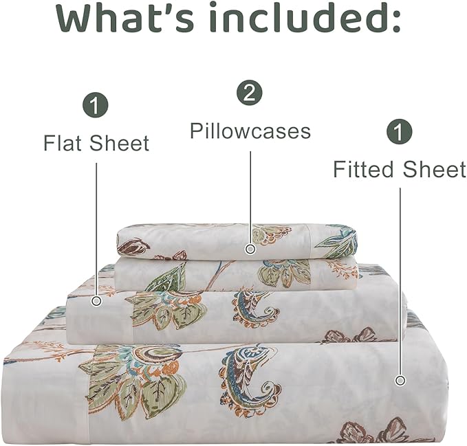 QSH Floral Bed Sheets Queen Size - 100% Egyptian Cotton Sheets Elegant Botanical Leaves Flower Pattern Printed Bedding Sheets Queen Size Bed Extra Soft and Breathable 4pcs Deep Pockets Bed Sheets - LeafyLoom