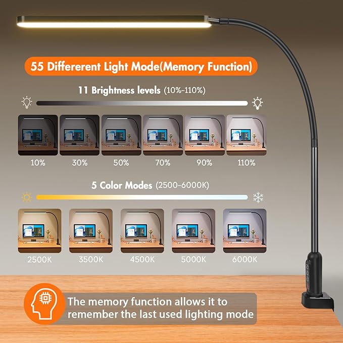 LED Desk Lamp with Clamp, Super Bright Desk Light with 11 Brightness, 5 Color Modes, Flexible Gooseneck Clip on Table Light, Eye-Caring Architect Task Desk Lamps for Home Office Study Reading - LeafyLoom