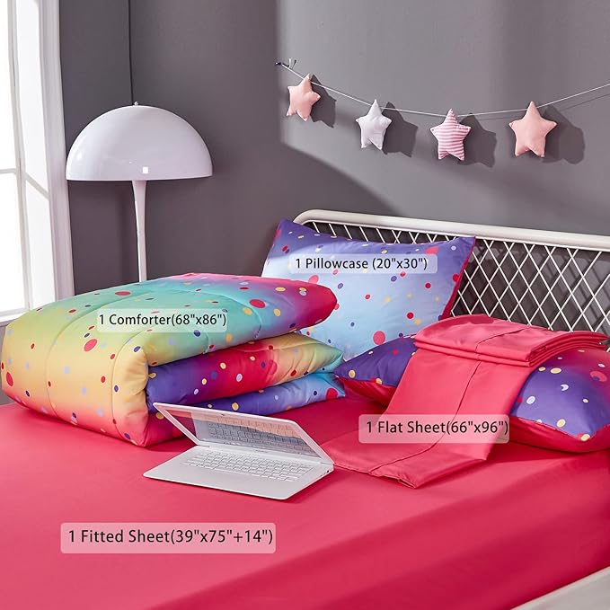 Colorful Polka Dots Rainbow Comforter Set for Teen Girls Women,Twin Size 4 Piece Bed in A Bag,Circles Printed Comforter and Sheets,Ultra Soft Microfiber All Season Bedding Set(Twin,Dots) - LeafyLoom