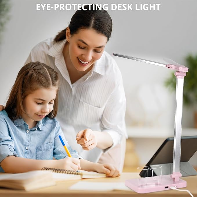 iVict LED Desk Lamp, Adjustable Table Foldable Lamp with USB Charging Port, 25 Lighting Modes, 45-Minute Auto Timer, Dual Swing Arm Desk Light with Pen Holde for Home Office/Study(Pink) - LeafyLoom