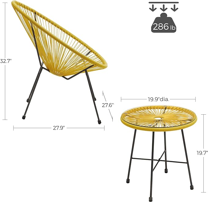 SONGMICS 3-Piece Outdoor Seating Acapulco Chair, Modern Patio Furniture Set, Glass Top Table and 2 Chairs, Indoor and Outdoor Conversation Bistro Set, Yellow UGGF011Y01 - LeafyLoom