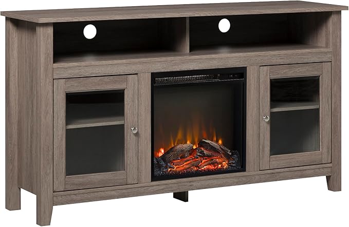 Walker Edison Glenwood Rustic Farmhouse Glass Door Highboy Fireplace TV Stand for TVs up to 65 Inches, 58 Inch, Driftwood - LeafyLoom