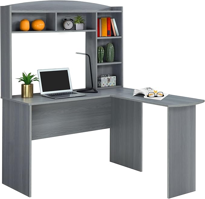 Techni Mobili Modern Hutch L-Shaped Computer Desk, Grey - LeafyLoom