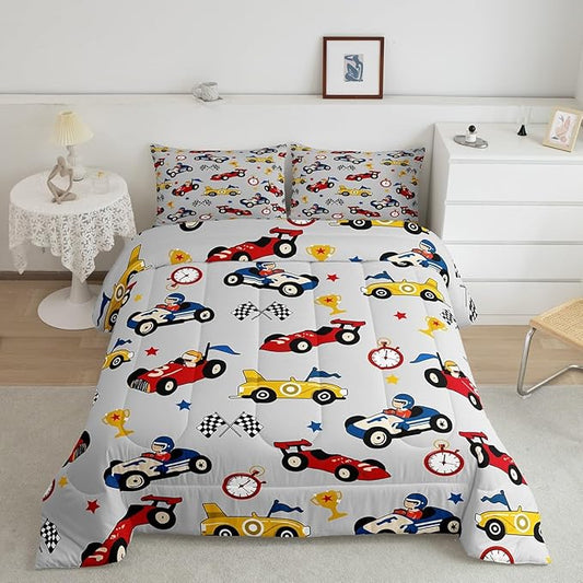 Feelyou Kids Cartoon Car Comforter Set Full Size Racing Car Bedding Set for Boys Girls Teen Kids Children Home Decor Racing Car Comforter Race Cars Quilt Bed Set Red Grey Bedding Set for All Season - LeafyLoom