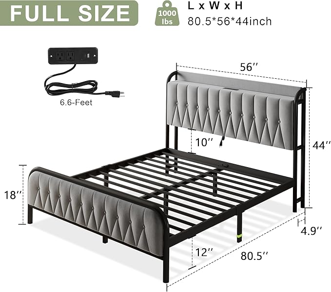 Feonase Full Size Bed Frame with Type-C & USB Port, Fast Charging Metal Platform Beds, Velvet Upholstered Headboard & Footboard, 12" Under Bed Storage Space, Easy Assembly, Noise-Free, Gray - LeafyLoom