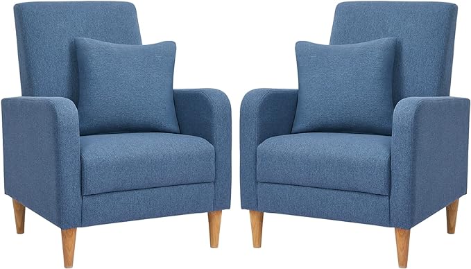 COLAMY Modern Accent Living Room Chairs Set of 2, Upholstered Fabric Armchair Reading Side Chair, Single Sofa with Back Pillow and Wood Legs, Blue - LeafyLoom