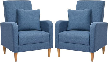 COLAMY Modern Accent Living Room Chairs Set of 2, Upholstered Fabric Armchair Reading Side Chair, Single Sofa with Back Pillow and Wood Legs, Blue - LeafyLoom