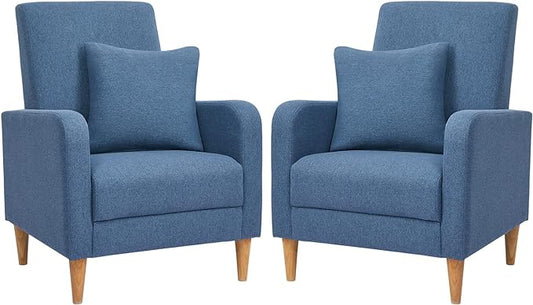 COLAMY Modern Accent Living Room Chairs Set of 2, Upholstered Fabric Armchair Reading Side Chair, Single Sofa with Back Pillow and Wood Legs, Blue - LeafyLoom