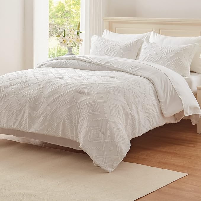 EMME King Comforter Set - 7 Pcs White Boho Comforter Set, Tufted King Size Bedding Sets with Sheets, Shabby Chic Embroidery Bed Set Fluffy Bed Bag for All Season(102"X90") - LeafyLoom