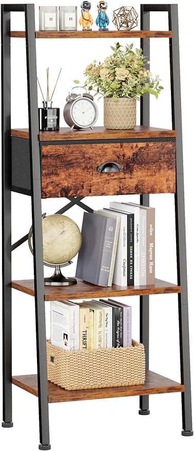 Furologee 4 Tier Ladder Shelf, Narrow Ladder Book Shelf with Drawer, Modern Bookcase Freestanding Shelf Units, Storage Shelves Organizer for Bedroom, Living Room, Bathroom, Home Office, Rustic Brown - LeafyLoom