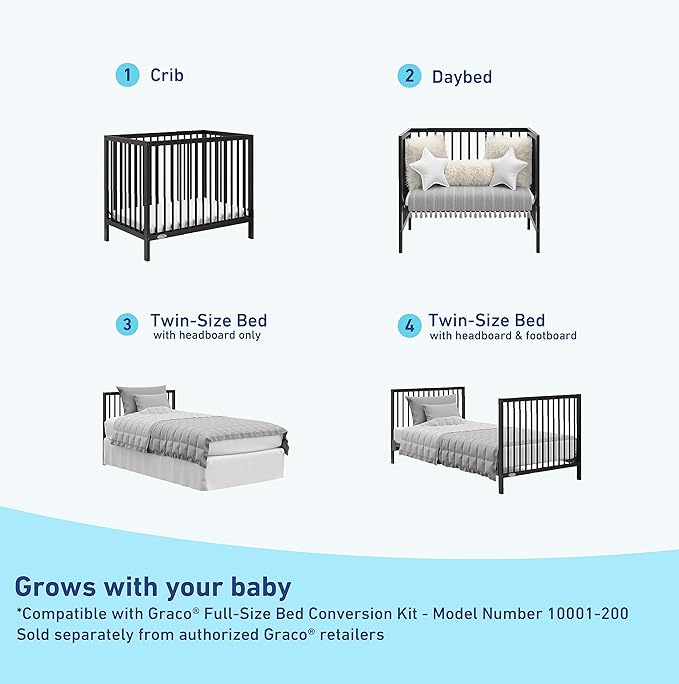 Graco Teddi 4-in-1 Convertible Mini Crib with Bonus Water-Resistant Mattress (Black) – GREENGUARD Gold Certified, 2.75-Inch Mattress Included, Convenient Size, Easy 30-Minute Assembly - LeafyLoom