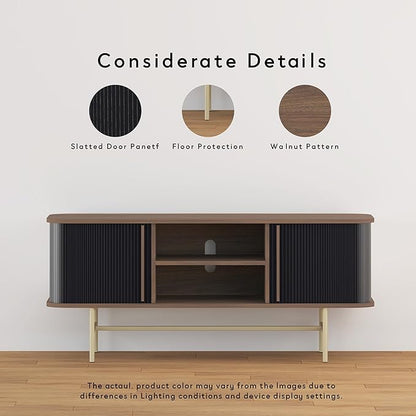 roomfitters Sideboard Buffet Cabinet with Sliding Doors, Mid Century Modern Credenza with 2 Tambour Doors, Minimalist Accent Storage Cabinet for Living Room, Media Console with Storage, Walnut Black - LeafyLoom